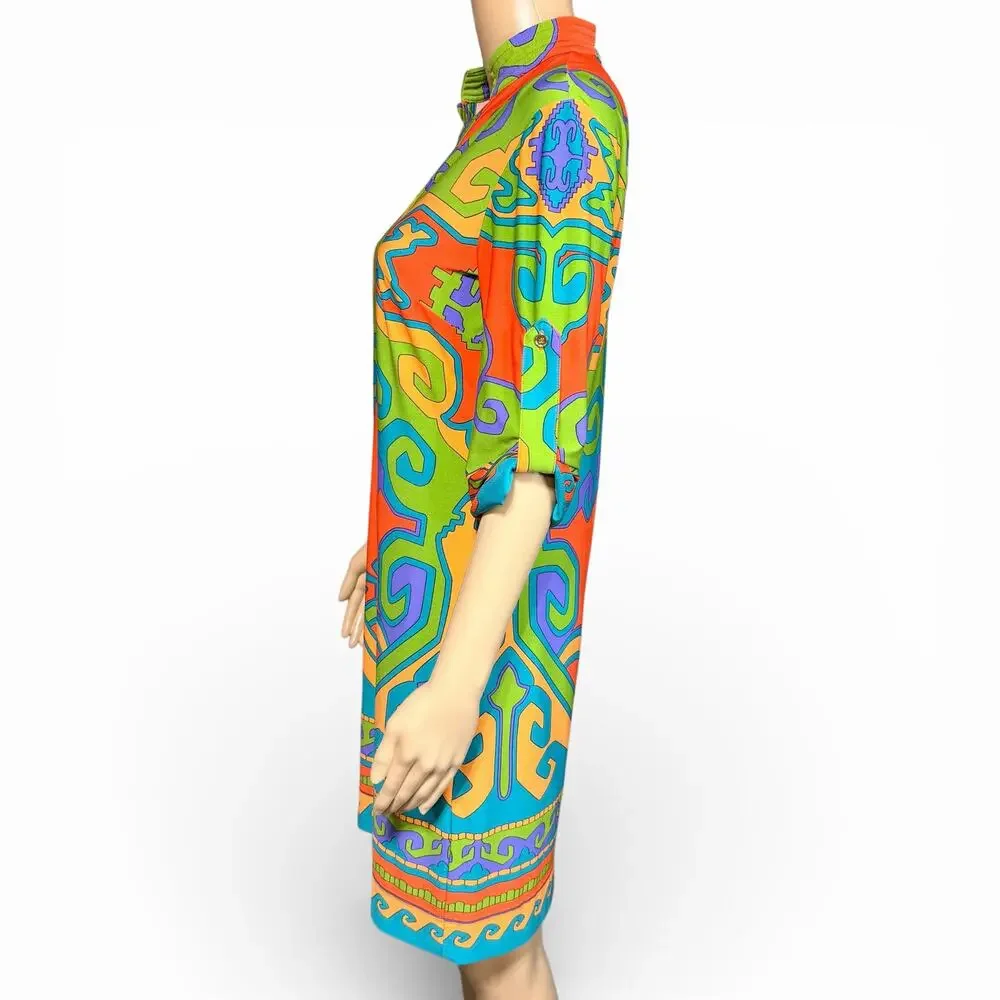 Donna Morgan Womens Tunic Shift Dress Retro Geo Print Pullover Green Orange Sz 6